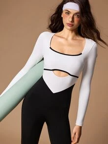 VARSIVA Women's Colorblock Cutout Design Long Sleeve Everyday Fitness Workout Jumpsuit - Black and White - View 6