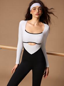 VARSIVA Women's Colorblock Cutout Design Long Sleeve Everyday Fitness Workout Jumpsuit - Black and White - View 2