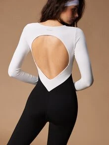VARSIVA Women's Colorblock Cutout Design Long Sleeve Everyday Fitness Workout Jumpsuit - Black and White - View 8