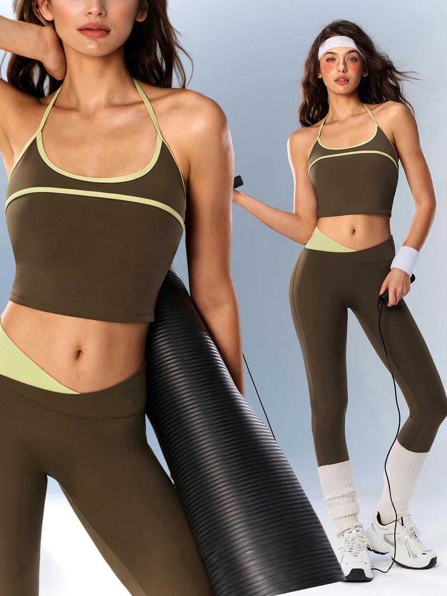VARSIVA Women's Colorblock Cropped Halter Tank Top And Leggings Sports Set