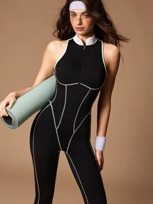 VARSIVA Women's Colorblock Zipper Front Casual Sleeveless Sports Jumpsuit - Black and White - View 7