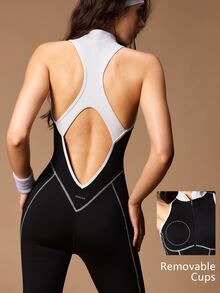 VARSIVA Women's Colorblock Zipper Front Casual Sleeveless Sports Jumpsuit - Black and White - View 10