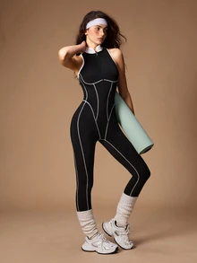 VARSIVA Women's Colorblock Zipper Front Casual Sleeveless Sports Jumpsuit - Black and White - View 6