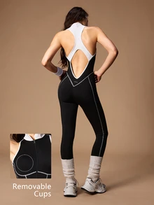 VARSIVA Women's Colorblock Zipper Front Casual Sleeveless Sports Jumpsuit - Black and White - View 11