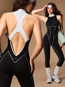 VARSIVA Women's Colorblock Zipper Front Casual Sleeveless Sports Jumpsuit - Black and White - View 1