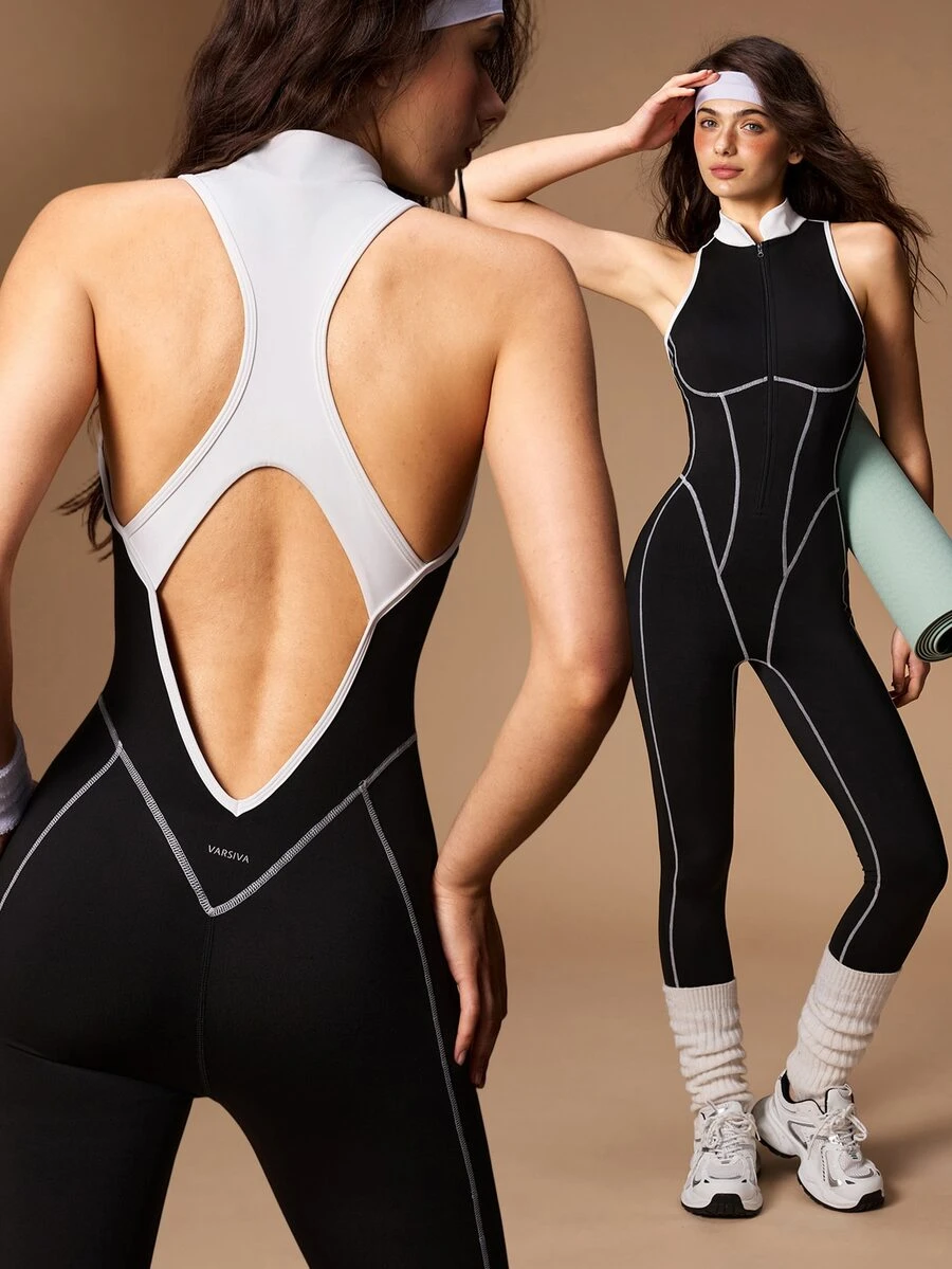 VARSIVA Women's Colorblock Zipper Front Casual Sleeveless Sports Jumpsuit - Black and White - View 1