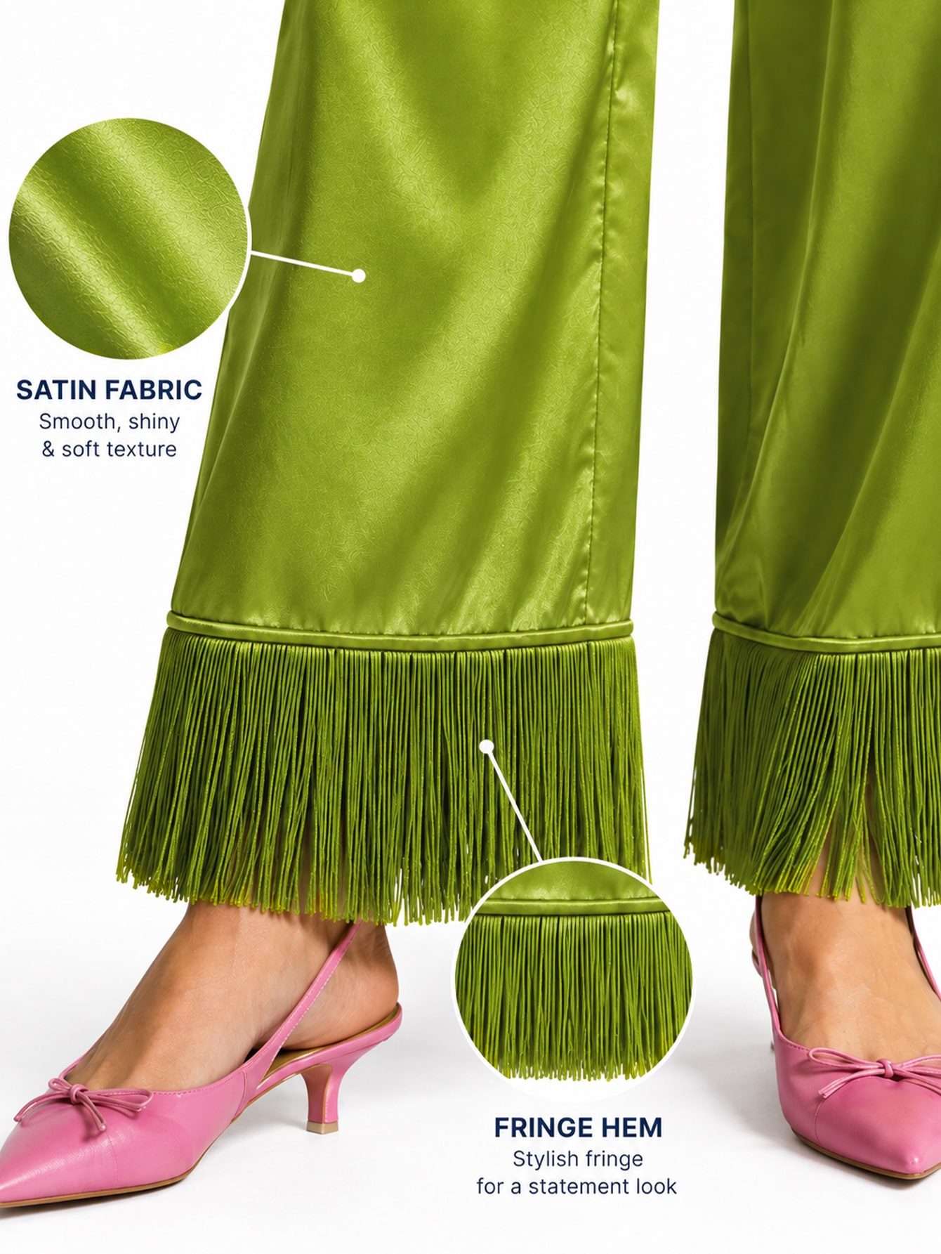 Green Satin Wide Leg Fringe Pants, view 4