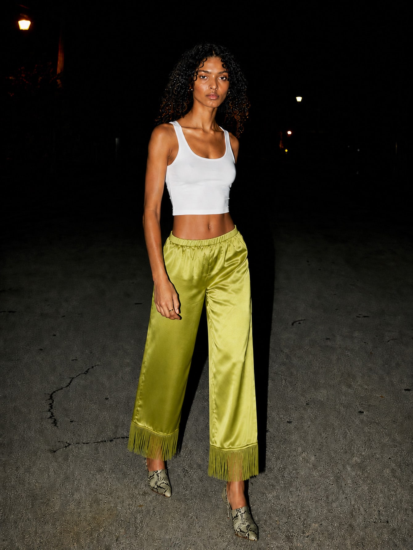 Green Satin Wide Leg Fringe Pants