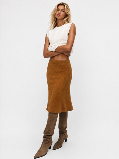 Zerodot Women Suede Midi Skirt Casual Daily Fall