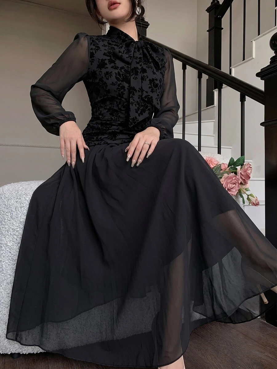 Modelyn Women's Tie Waist Ruched Positioned Print Long Sleeve Dress - Black - View 1