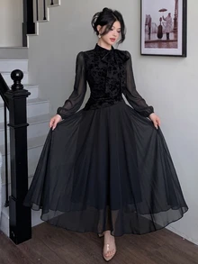 Modelyn Women's Tie Waist Ruched Positioned Print Long Sleeve Dress - Black - View 6