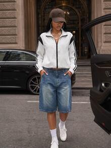 BamGleam 1 Women's Loose Fit Contrast Trim Open Front Casual Sports Jacket - White - View 6