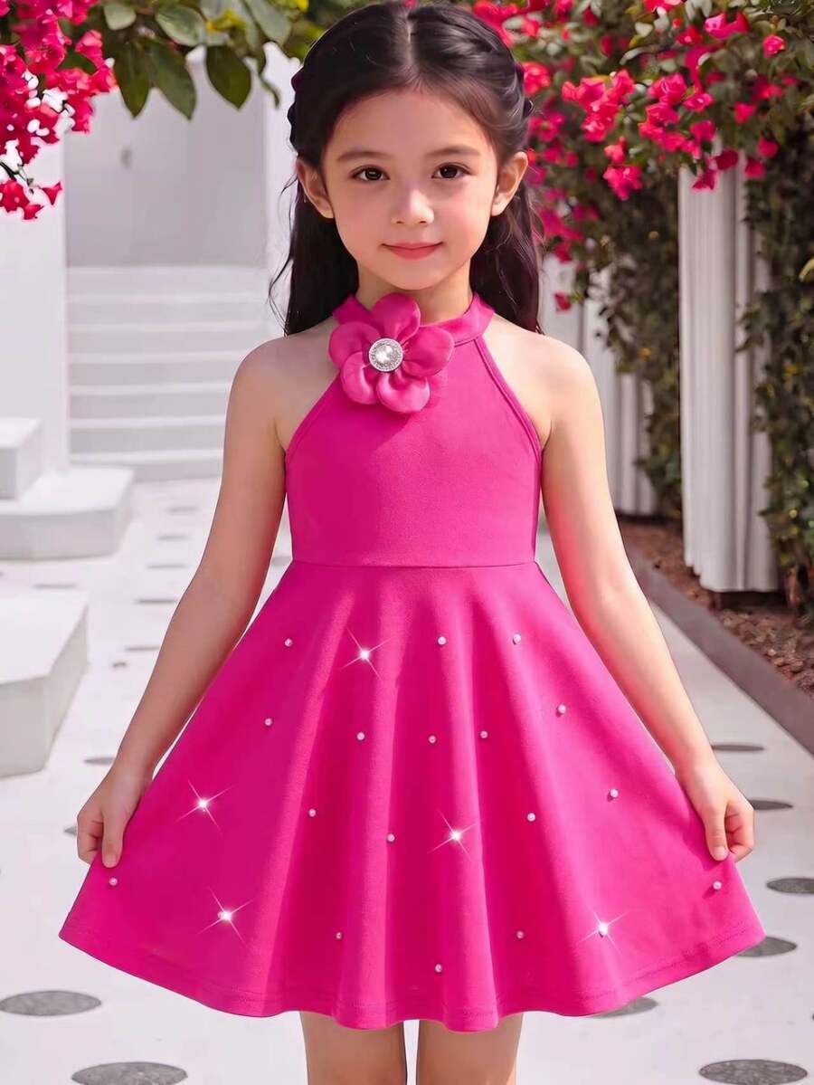 Elladie kids 女童玫红色露背吊带花朵珍珠装饰A字连衣裙，甜美公主风，适合生日派对和夏季穿着