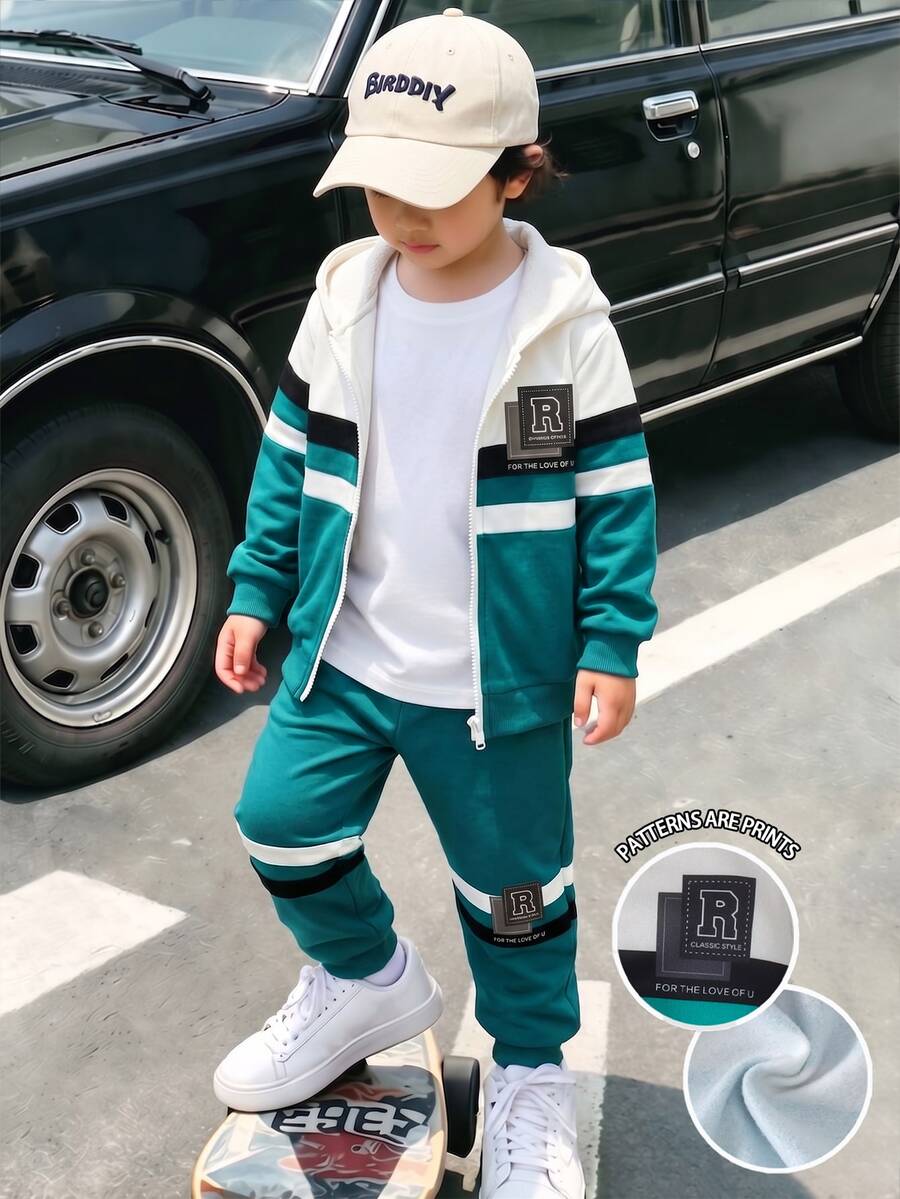 男童時尚簡約撞色寬條紋字母Logo連帽拉鍊長袖抓絨內裡運動外套,柔軟面料,適合秋冬戶外穿著 - 彩色 - 查看 1