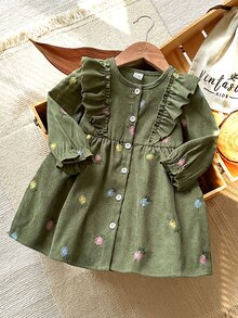 SHEIN Vintaside Kids 1件女嬰燈芯絨A字裙，甜美橄欖綠荷葉邊花卉刺繡長袖圓領常規款，派對秋季聖誕假期復古時尚 - 綠色 - 查看 6