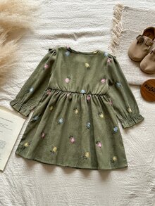 SHEIN Vintaside Kids 1件女嬰燈芯絨A字裙，甜美橄欖綠荷葉邊花卉刺繡長袖圓領常規款，派對秋季聖誕假期復古時尚 - 綠色 - 查看 2