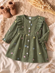 SHEIN Vintaside Kids 1件女嬰燈芯絨A字裙，甜美橄欖綠荷葉邊花卉刺繡長袖圓領常規款，派對秋季聖誕假期復古時尚 - 綠色 - 查看 1