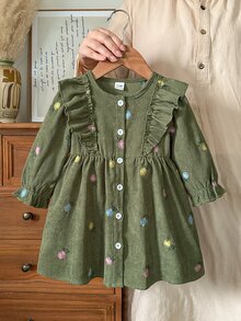 SHEIN Vintaside Kids 1件女嬰燈芯絨A字裙，甜美橄欖綠荷葉邊花卉刺繡長袖圓領常規款，派對秋季聖誕假期復古時尚 - 綠色 - 查看 3