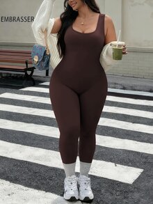 SHEIN Sports 大尺碼露背連身褲，深咖啡色，時尚舒適彈性無縫針織瑜珈健身運動服 - 咖啡棕 - 查看 8