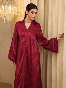 SHEIN Najma 女士V领优雅提花缎带蕾丝拼接长袖喇叭连衣裙 - 紅色 - 查看 6