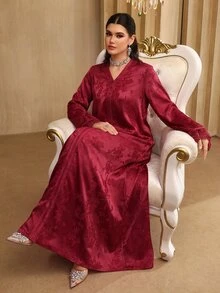 SHEIN Najma 女士V领优雅提花缎带蕾丝拼接长袖喇叭连衣裙 - 紅色 - 查看 5