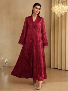 SHEIN Najma 女士V领优雅提花缎带蕾丝拼接长袖喇叭连衣裙 - 紅色 - 查看 3