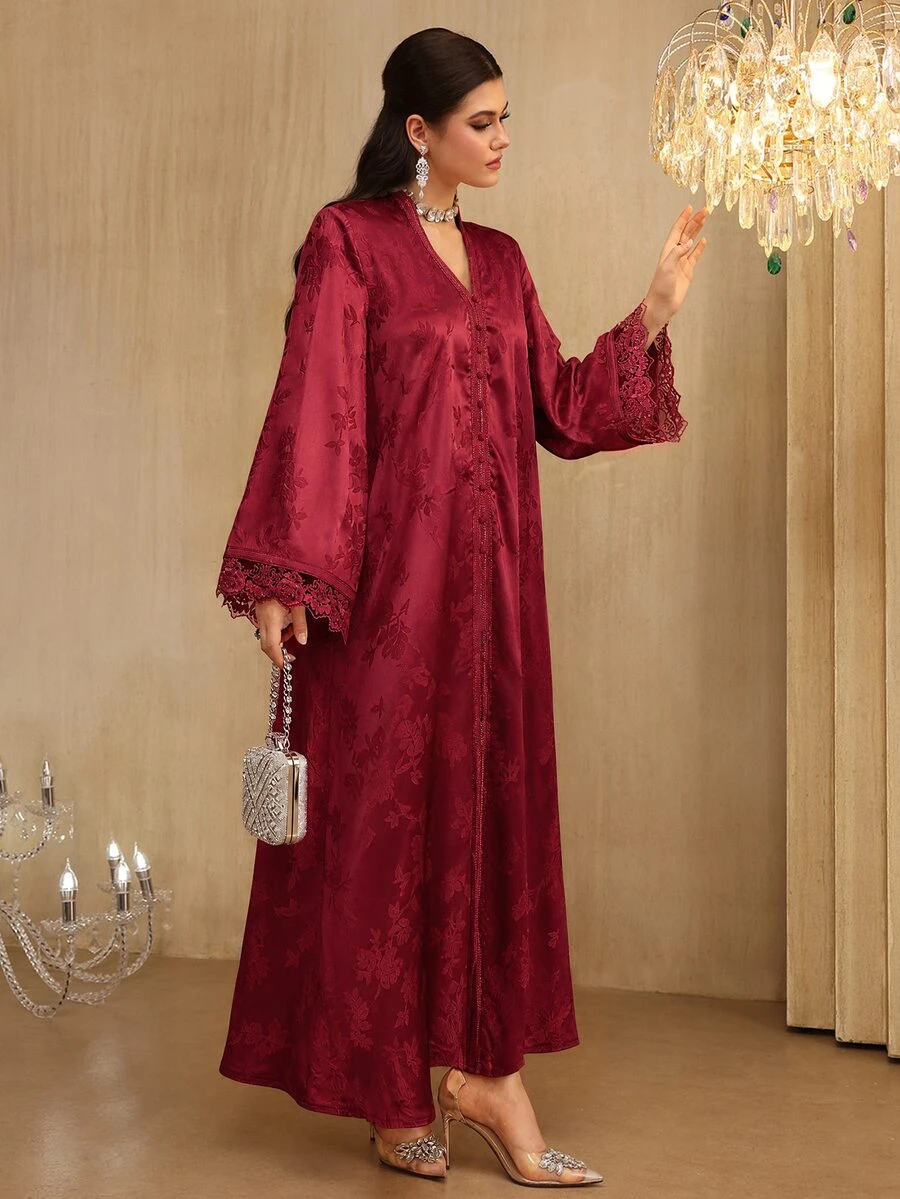 SHEIN Najma 女士V领优雅提花缎带蕾丝拼接长袖喇叭连衣裙 - 紅色 - 查看 1