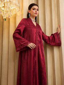 SHEIN Najma 女士V领优雅提花缎带蕾丝拼接长袖喇叭连衣裙 - 紅色 - 查看 7