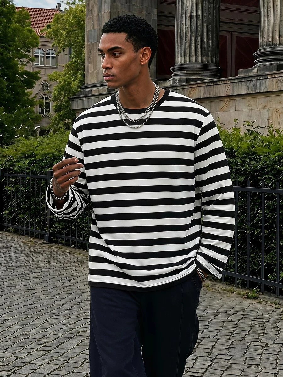 FRESIVO Atasan Pria Striped Casual - Hitam dan Putih - View 1