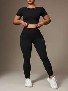Gameset SHEIN Sport 大码女式纯色短款修身短袖上衣和紧身裤运动套装，夏季健身套装 - 黑色 - 查看 3
