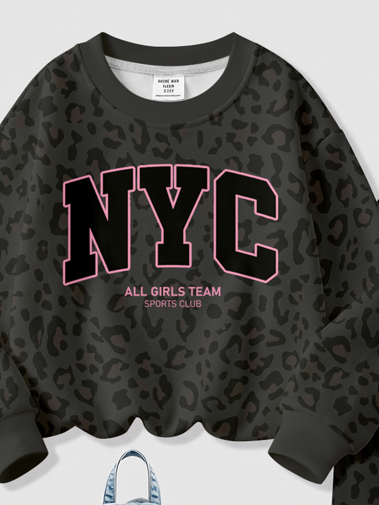 Sweet Cool Black & Pink Colorway, Fashion Leopard Print Sporty Colorblock Letter NYC Graphic, Baby Girl Casual Soft Comfortable Loose Crew Neck Pullover Sweatshirt & Wide Leg Long Pants Sporty Set, Suitable For Autumn/Winter Daily, Sports, Streetwear, Sweet Cool Style, Back To School, American High Street, Sweet Cool Slouchy, Relaxed Fashion - Multicolor - View 6