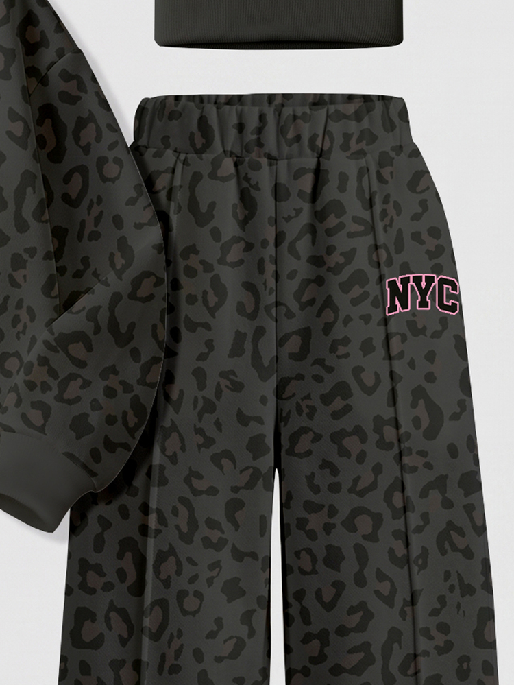 Sweet Cool Black & Pink Colorway, Fashion Leopard Print Sporty Colorblock Letter NYC Graphic, Baby Girl Casual Soft Comfortable Loose Crew Neck Pullover Sweatshirt & Wide Leg Long Pants Sporty Set, Suitable For Autumn/Winter Daily, Sports, Streetwear, Sweet Cool Style, Back To School, American High Street, Sweet Cool Slouchy, Relaxed Fashion - Multicolor - View 8