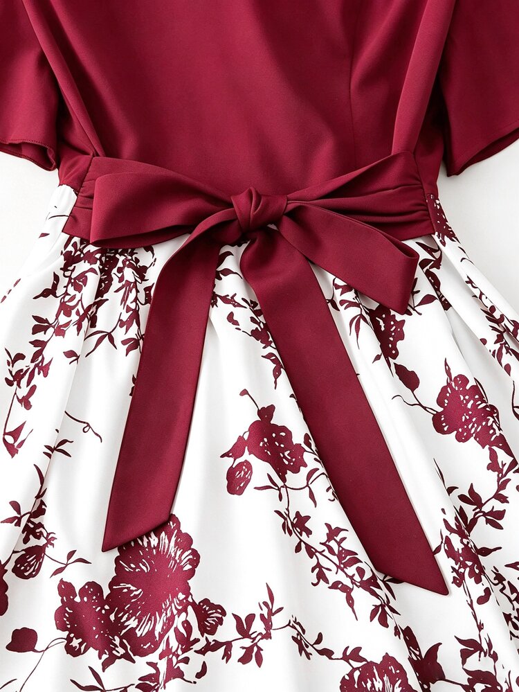 Franclia Plus Size Women's Printed Contrast Color Casual Dress With Cinched Waist Bow, V-Neck Floral Print Dress, Comfortable Floral Print Vacation Spring Dress - Burgundy - View 8