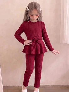 Elladie kids 青少年女孩橘色羅紋針織兩件套服裝，綁帶腰部荷葉邊上衣與緊身褲套裝，休閒優雅秋冬季校園生日幼兒園穿著 - 紅色 - 查看 7