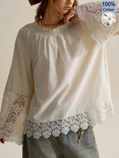 SHEIN Women's New Autumn/Winter Apricot 100% Cotton Loose Round Neck Gathered Hem Patchwork Water-Soluble Lace Long Sleeve Blouse, Casual Commute Elegant Holiday Office Date Top