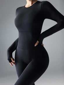 Slayform Slayform Women Sports Jumpsuit Solid Color Slim Fit Long Sleeve - Black - View 5