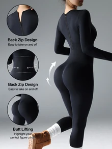 Slayform Slayform Women Sports Jumpsuit Solid Color Slim Fit Long Sleeve - Black - View 3