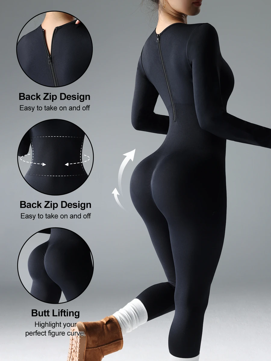 Slayform Slayform Women Sports Jumpsuit Solid Color Slim Fit Long Sleeve - Black - View 1