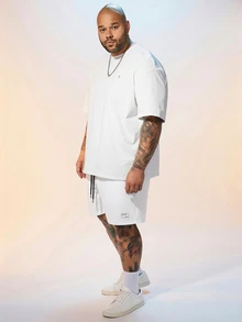 EASEVO Plus Size Men's Letter Print Drawstring Waist Woven Casual Straight Leg Shorts - White - View 5