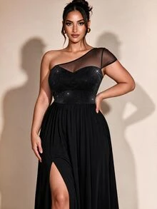 Cravure Gaun Formal Panjang Berpotongan Tinggi dengan Satu Bahu dan Belahan Tinggi untuk Ukuran Plus, Cocok untuk Pesta Malam dan Jamuan Makan. - Hitam - View 1