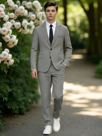 2pcs Grey Green Suit Set For Teenage Boys: Long Sleeve Blazer + Trousers, Minimalist Casual Style For Daily Wear, Suitable For Piano/Violin Performance, Wedding, Graduation Ceremony, Formal Occasions, Gentleman Outfit, Birthday Party, Evening Event, Performance, Reception, Wedding Season, Autumn, All Seasons Gift, Valentine's Day Party Suit, Grey Green