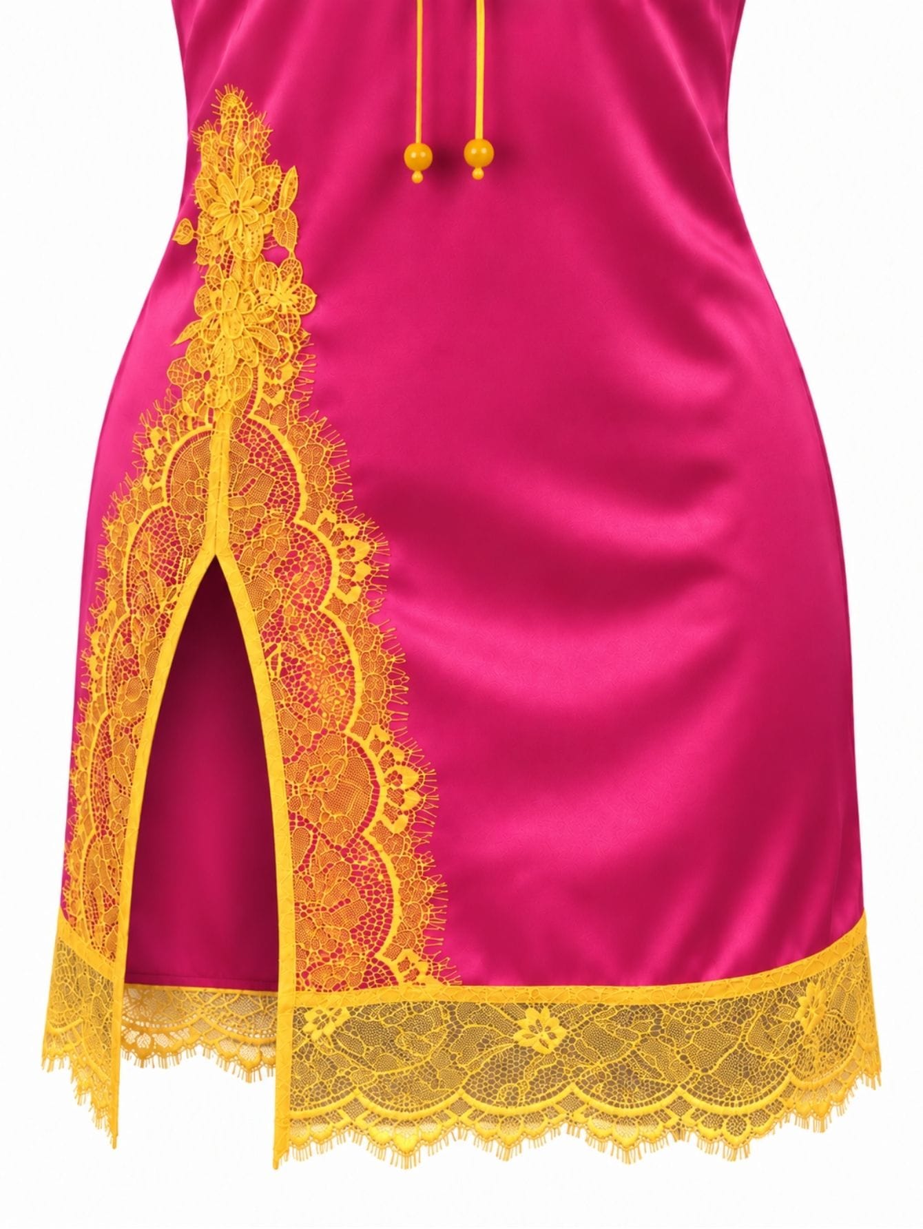 Hot Pink Yellow Lace Detail Mini Slip Dress, view 4