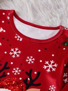 青少年女孩秋冬睡衣套裝，聖誕樹、薑餅人、麋鹿、雪花全印花，針織彈性貼身款，紅色 - 紅色 - 查看 7