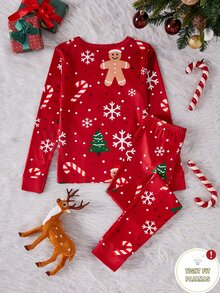 青少年女孩秋冬睡衣套裝，聖誕樹、薑餅人、麋鹿、雪花全印花，針織彈性貼身款，紅色 - 紅色 - 查看 2