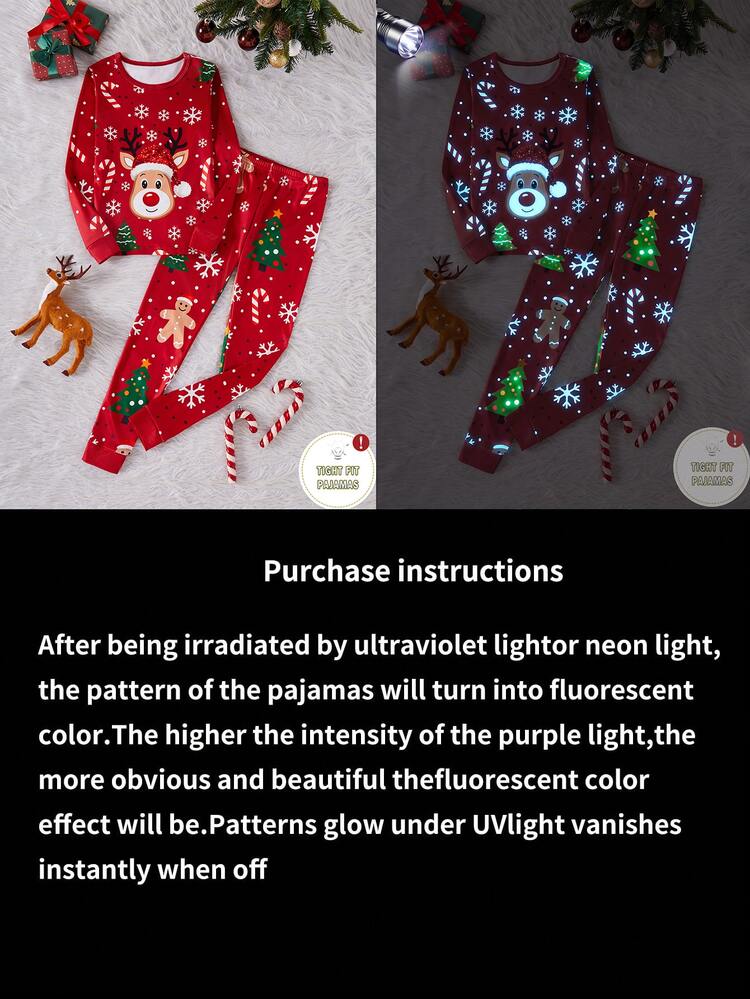 Tween Autumn/Winter Girl Pajamas Christmas Tree Gingerbread Man Knitted Stretchy Snug Fit Allover Print Reindeer Snowflake Red Sets Are Sold - Red - View 6