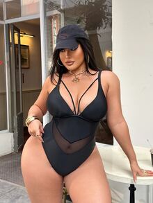 Swim SXY 大尺碼性感女款純黑色網格拼接V領丁字褲連身泳衣，適合海灘與度假，春/夏季 - 黑色 - 查看 4