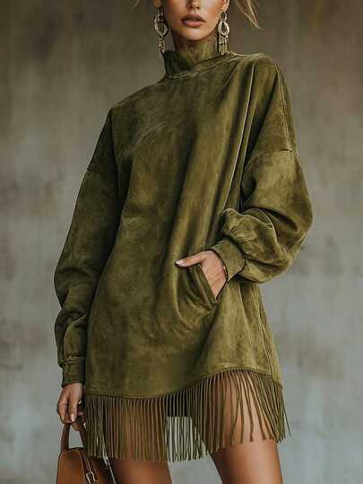 LUMIGAL Women's Autumn/Winter New Military Green Velvet Fabric High Neck Long Sleeve Tassel Patchwork Short Dress, Women's Vintage Outfit, Early Autumn Outfit