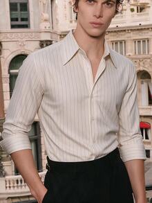 TONEVAULT Men's Striped Long Sleeve Single-Breasted Casual Commuter Shirt - White - View 4
