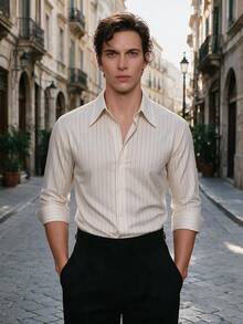 TONEVAULT Men's Striped Long Sleeve Single-Breasted Casual Commuter Shirt - White - View 6