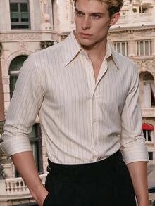 TONEVAULT Men's Striped Long Sleeve Single-Breasted Casual Commuter Shirt - White - View 8